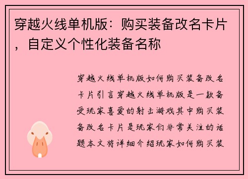 穿越火线单机版：购买装备改名卡片，自定义个性化装备名称